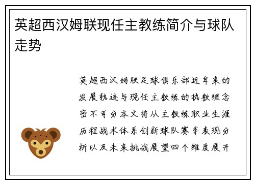 英超西汉姆联现任主教练简介与球队走势