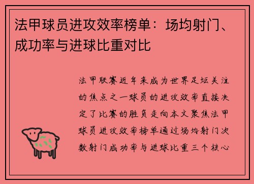 法甲球员进攻效率榜单：场均射门、成功率与进球比重对比