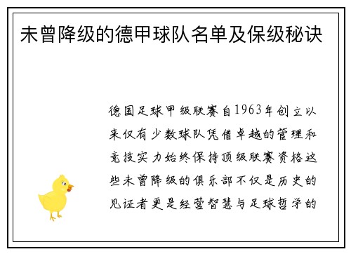 未曾降级的德甲球队名单及保级秘诀